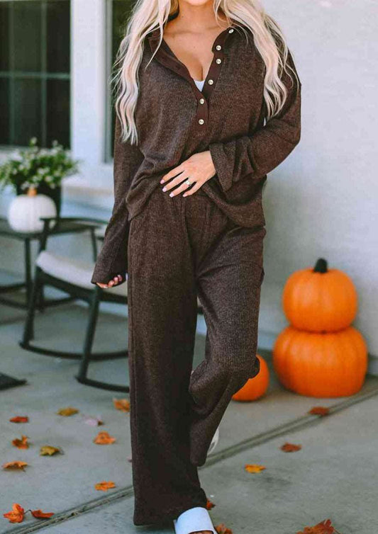 Buttoned Long Sleeve Top and Long Pants Lounge Set in chestnut brown