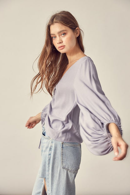 FRONT TIE SHIRRING BLOUSE in White, Dove Gray and Coral