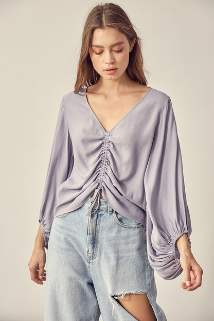 FRONT TIE SHIRRING BLOUSE in White, Dove Gray and Coral