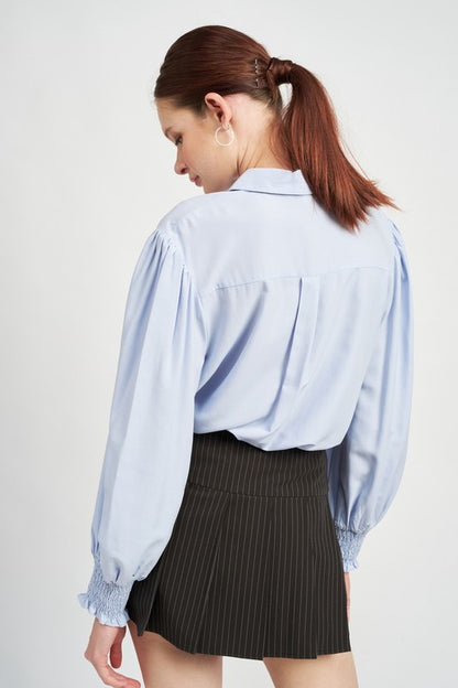 BUTTON UP COLLARED BLOUSE WITH SMOCKING in White or Light Blue