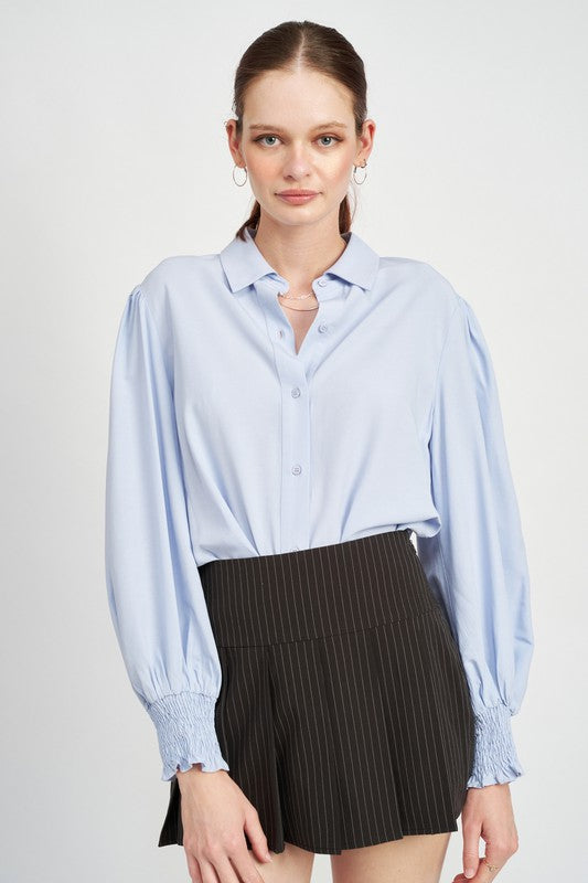 BUTTON UP COLLARED BLOUSE WITH SMOCKING in White or Light Blue