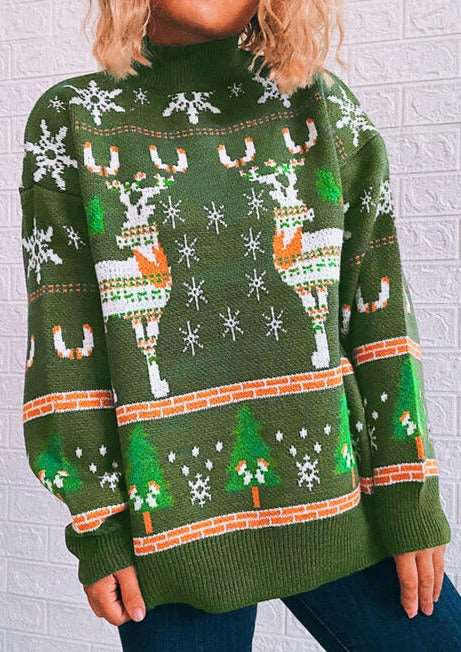Turtleneck Drop Shoulder reindeer holiday  Sweater 