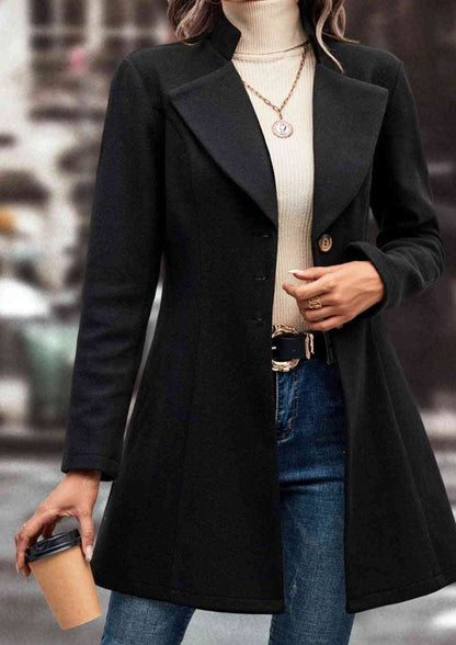 ladies knee length button front classic lapel winter coat in black and tan