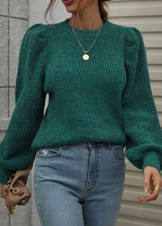 Woven Right Heathered Long Lantern Sleeve Rib-Knit Sweater in Multiple Colors