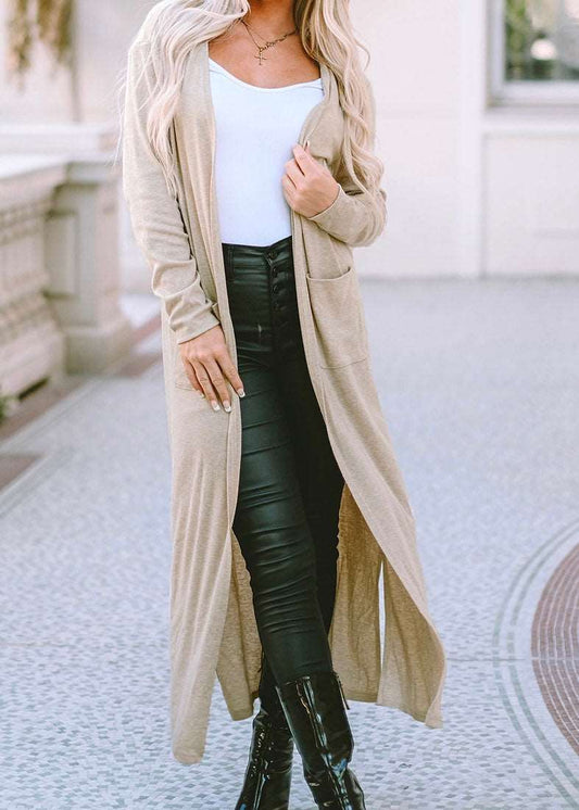 Long Sleeve Slit Cardigan with Pocket in Tan