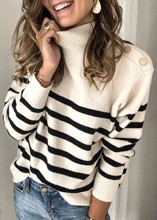 Striped Sweater w Shoulder Button Detail in Multiple Color Options