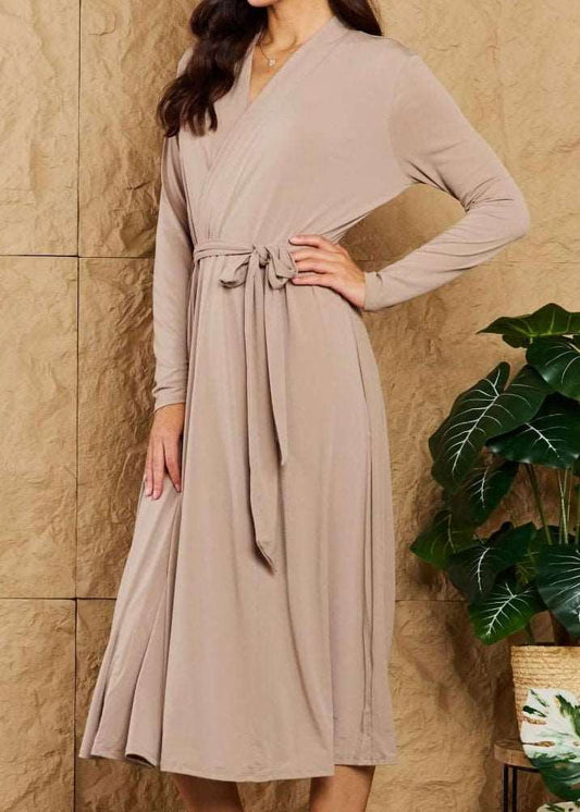 wrap front cardigan dress in taupe