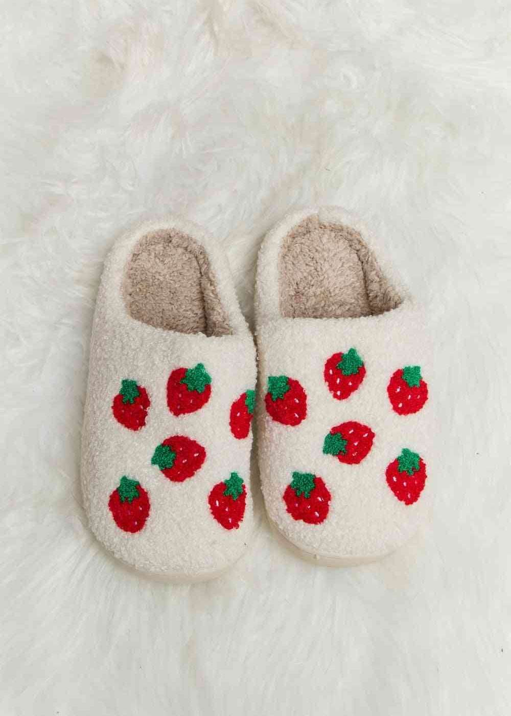 Plush slide slippers with strawberries, or hearts or peace, sign or cowgirl designs