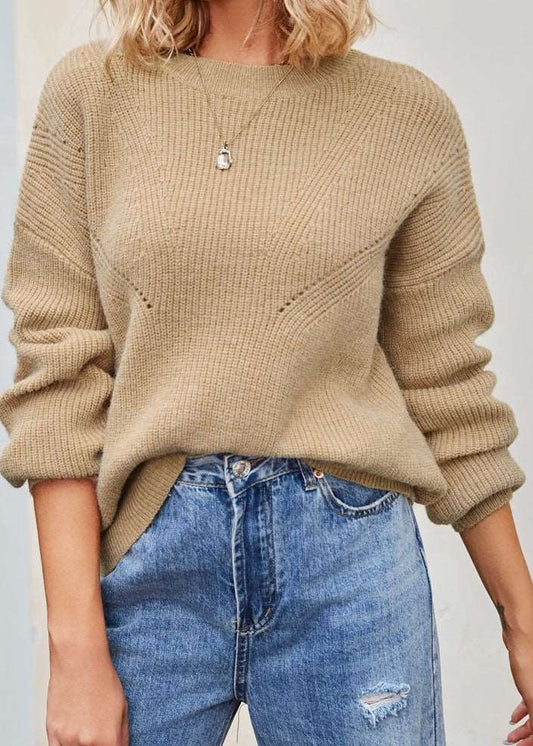 Ribbed Round Neck Dropped Shoulder Knit Top in tan