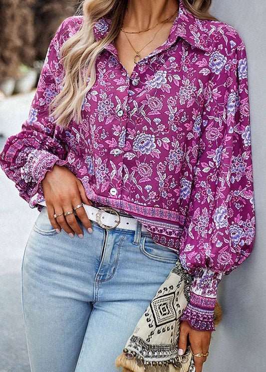Printed Collared Neck Smocked Lantern Sleeve Shirt in multiple colors