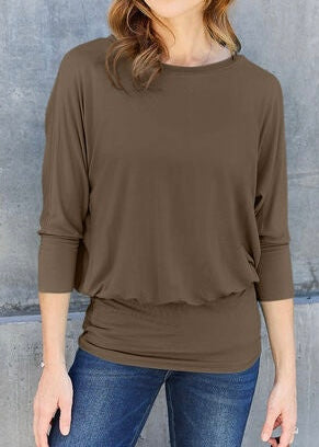 Ladies round neck wide, waistband, three-quarter sleeve chop in chestnut green and sky blue