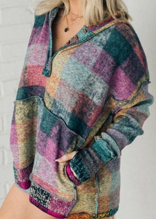 MULTICOLOR BRUSHED PLAID BUTTONED PULLOVER OVERSIZED HOODIE