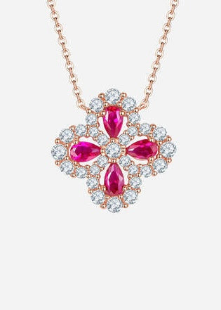 Ruby colored moissanite Flower set in rose gold plated necklace