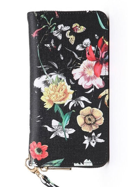 Floral, print, zippered, wristlet, wallet, in black or white