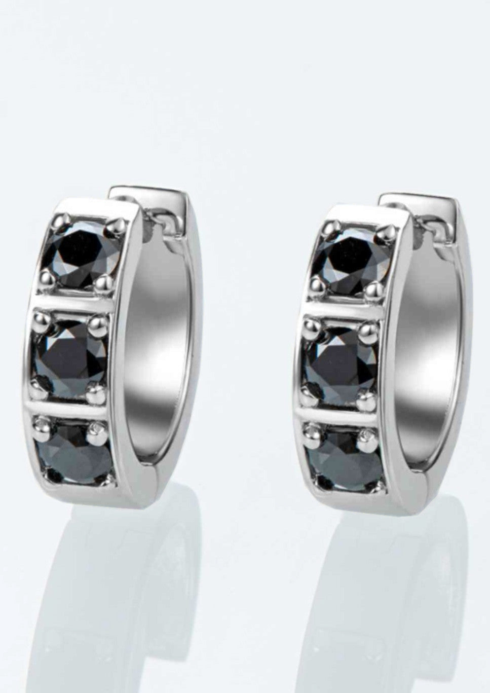 INLAID MOISSANITE HUGGIE EARRINGS in Platinum Plated Sterling Silver and Black or White Moissanite stones