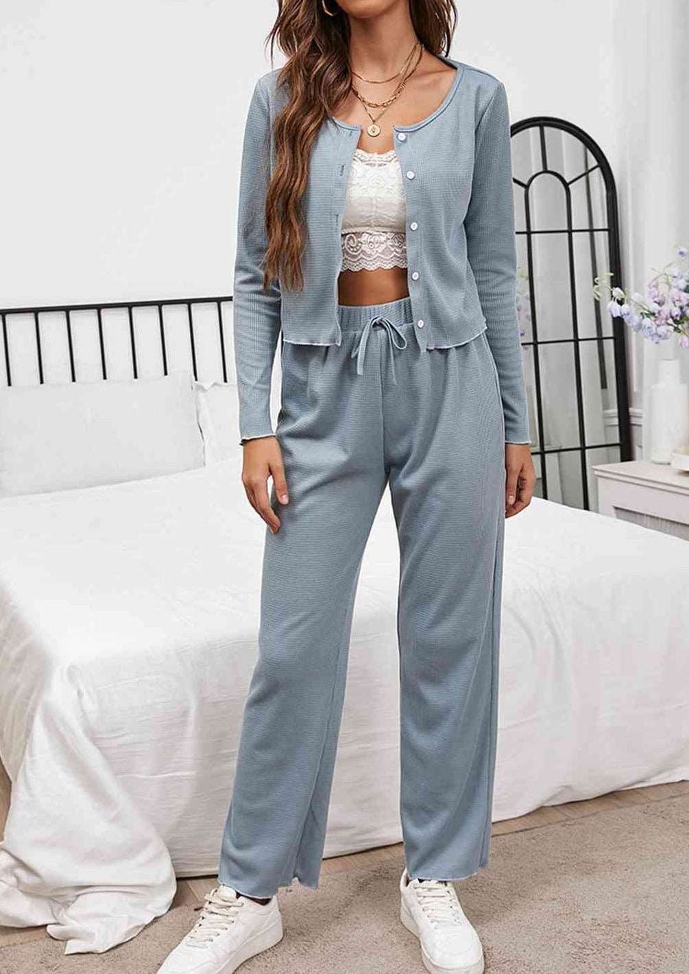 Button Front Long Sleeve Top and Pants Lounge Set in Blue Blush or Brown 