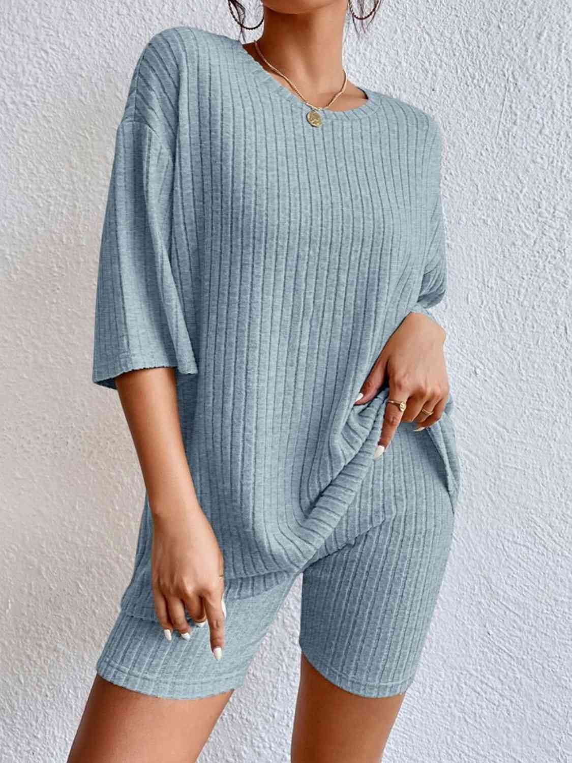 RIBBED KNIT OVERSIZED SHORT SLEEVE TOP AND SLIM FIT LONG SHORTS in Multiple Colors