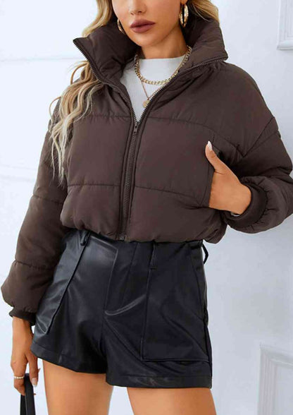 Womens Waist length, zip up, puffer jacket in chocolate brown black green red or strawberry