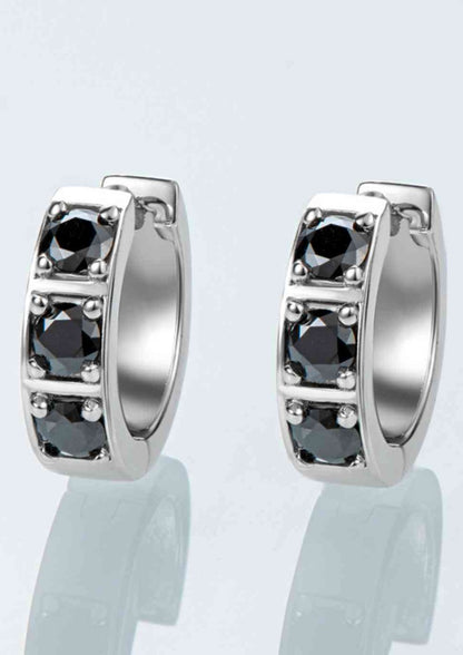 INLAID MOISSANITE HUGGIE EARRINGS in Platinum Plated Sterling Silver and Black or white Moissanite stones 