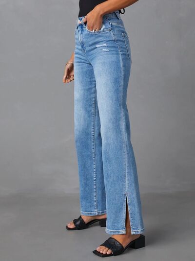 WORN LOOK STRAIGHT LEG DENIM JEANS WITH POCKETS AND ANKLE SLITS