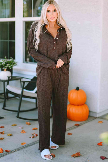 BUTTON UP LONG SLEEVE TOP AND MATCHING LOOSE FIT PANT LOUNGE SET in Chestnut Brown