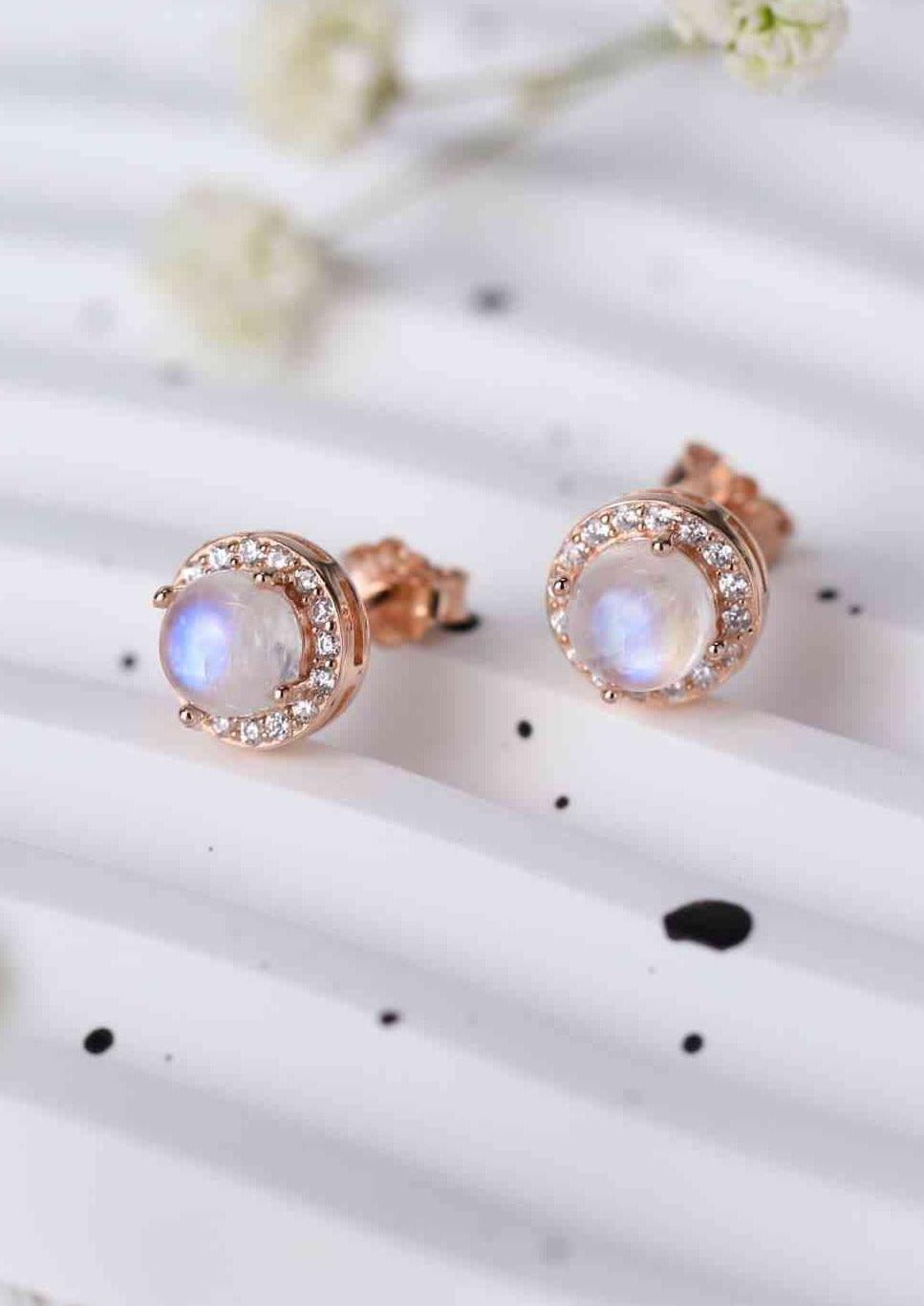 HIGH QUALITY NATURAL MOONSTONE IN GOLD PLATED STERLING SILVER STUD EARRINGS Media 1 of 7