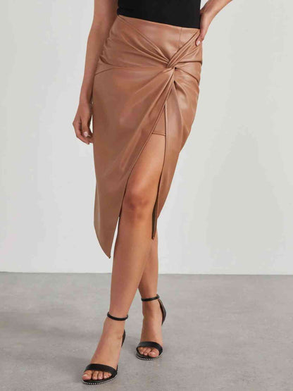 TWIST DETAIL HIGH WAISTED LEATHER LOOK SKIRT in Camel and Black