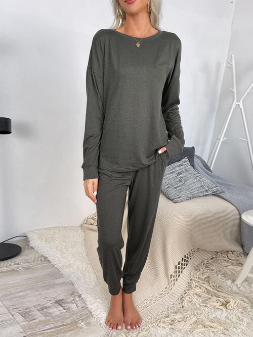 ROUND NECK LONG SLEEVE TOP AND MATCHING DRAWSTRING PANTS in Grays, Black or Green