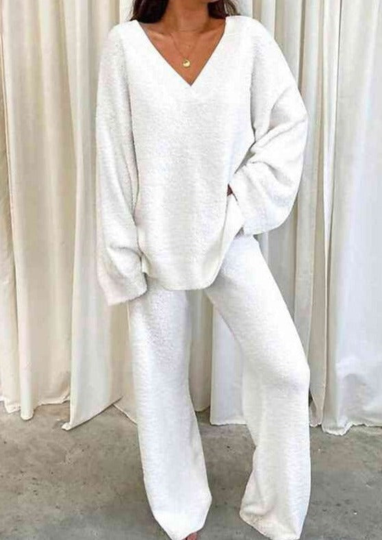 V-Neck Long Sleeve Top and Long Pants Set in white black grey or pink