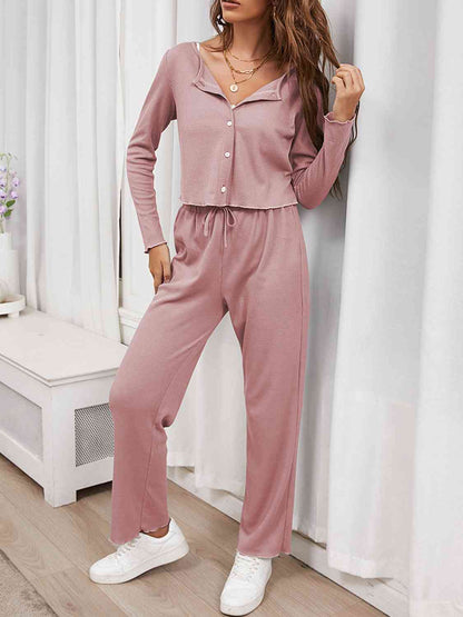 BUTTON FRONT LONG SLEEVE TOP AND MATCHING PANTS LOUNGE SET in Blue Blush or Brown