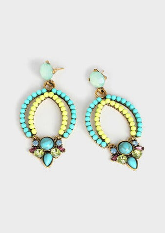 Geometric Alloy Dangle Earrings with yellow and turquoise beading