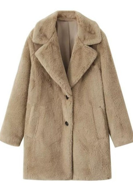 womens faux fur knee length button front coat in light gray beige or camel