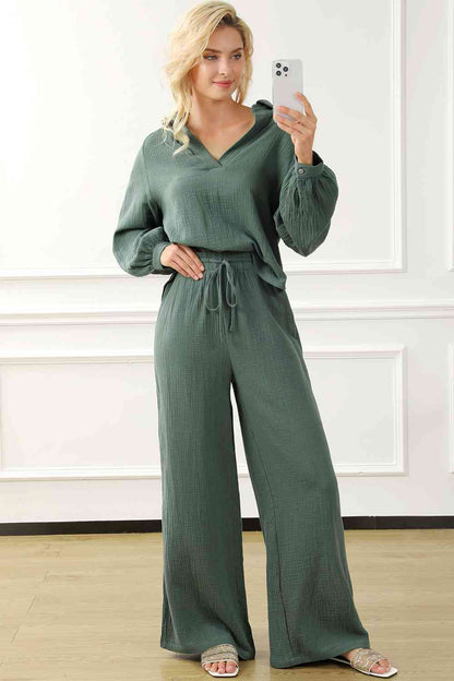 TWO PIECE COLLARED V-NECK TOP AND MATCHING DRAWSTRING PANTS LOUNGE SET in Matcha Green