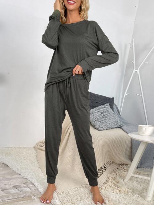ROUND NECK LONG SLEEVE TOP AND MATCHING DRAWSTRING PANTS in Grays, Black or Green