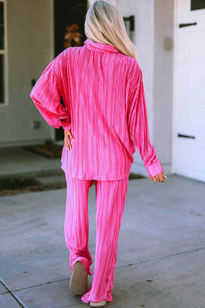 PLEATED BUTTON UP SHIRT AND MATCHING WIDE LEG PANTS in Hot Pink