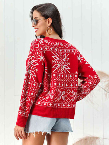 SNOWFLAKE PATTERN ROUND NECK SWEATER in Red