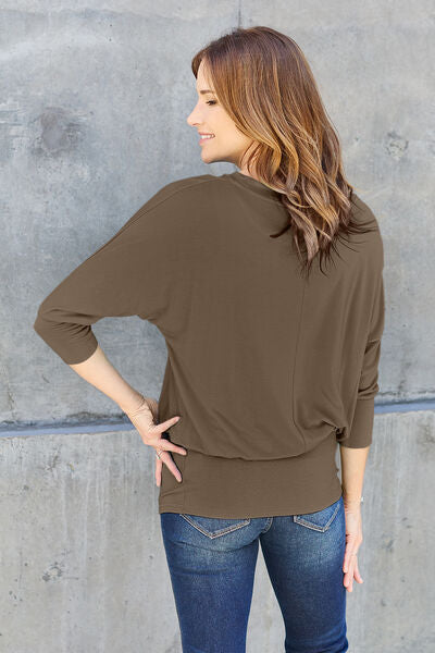 3/4 LENGTH BATWING SLEEVE WIDE WAISTBAND TOP in Chestnut, Green and Sky Blue
