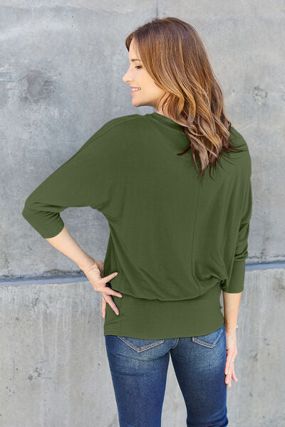 3/4 LENGTH BATWING SLEEVE WIDE WAISTBAND TOP in Chestnut, Green and Sky Blue