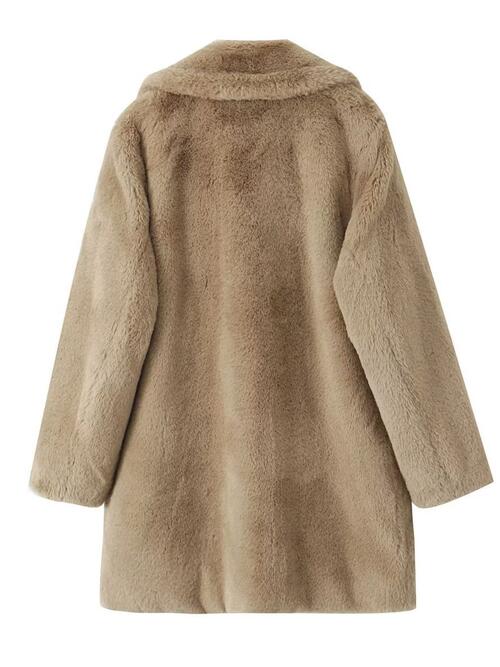 FAUX FUR BUTTON FRONT COAT with POCKETS in Camel and Lt Gray Beige