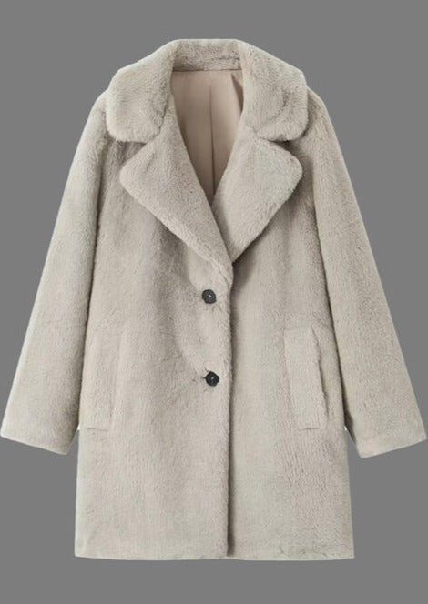 womens knee length faux fur button front coat in cream or tan