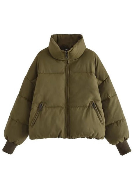 womens puffer coat with zip up high neck and zip pockets in multiple colors