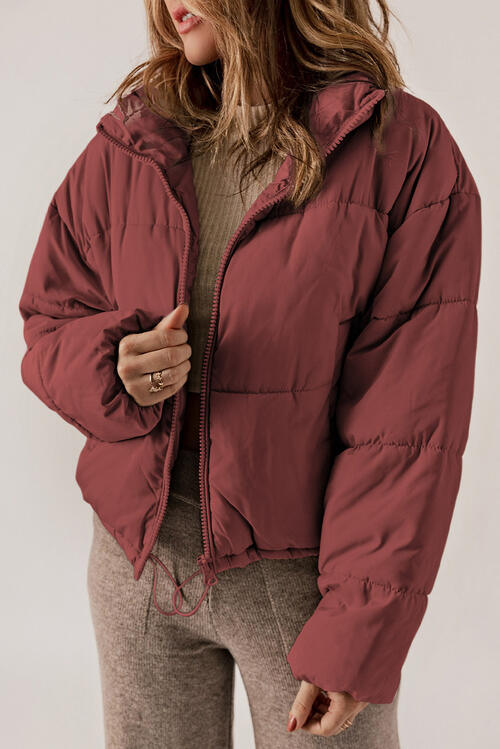 ZIP UP STRAIGHT COLLARED PUFFER COAT in Cream, Taupe and Brick Red
