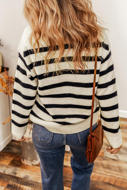 STRIPED COLLARED NECK LONG SLEEVE SWEATER Black stripes on Off-white