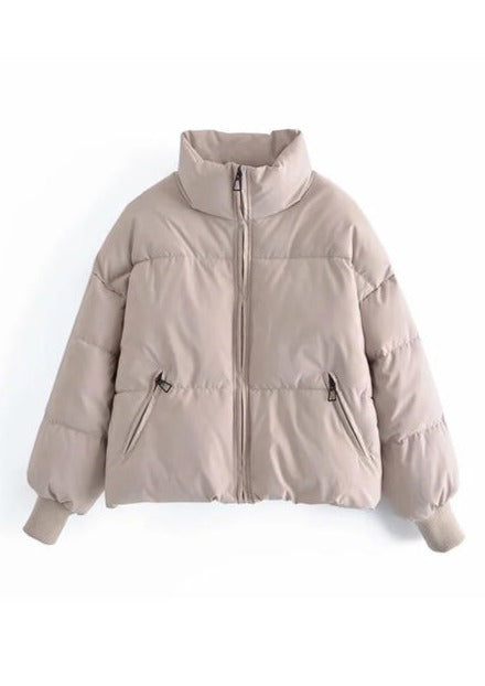 womens puffer coat with zip pockets and high collar in multiple colors