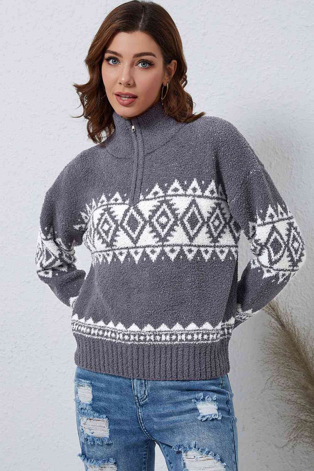 1/2 ZIP GEOMETRICAL PATTERN PULLOVER SWEATER in Charcoal