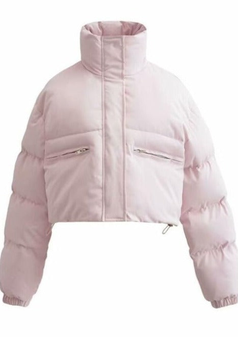ladies puffer coat with zippered pockets and snap and zip front closure  in multiple colors