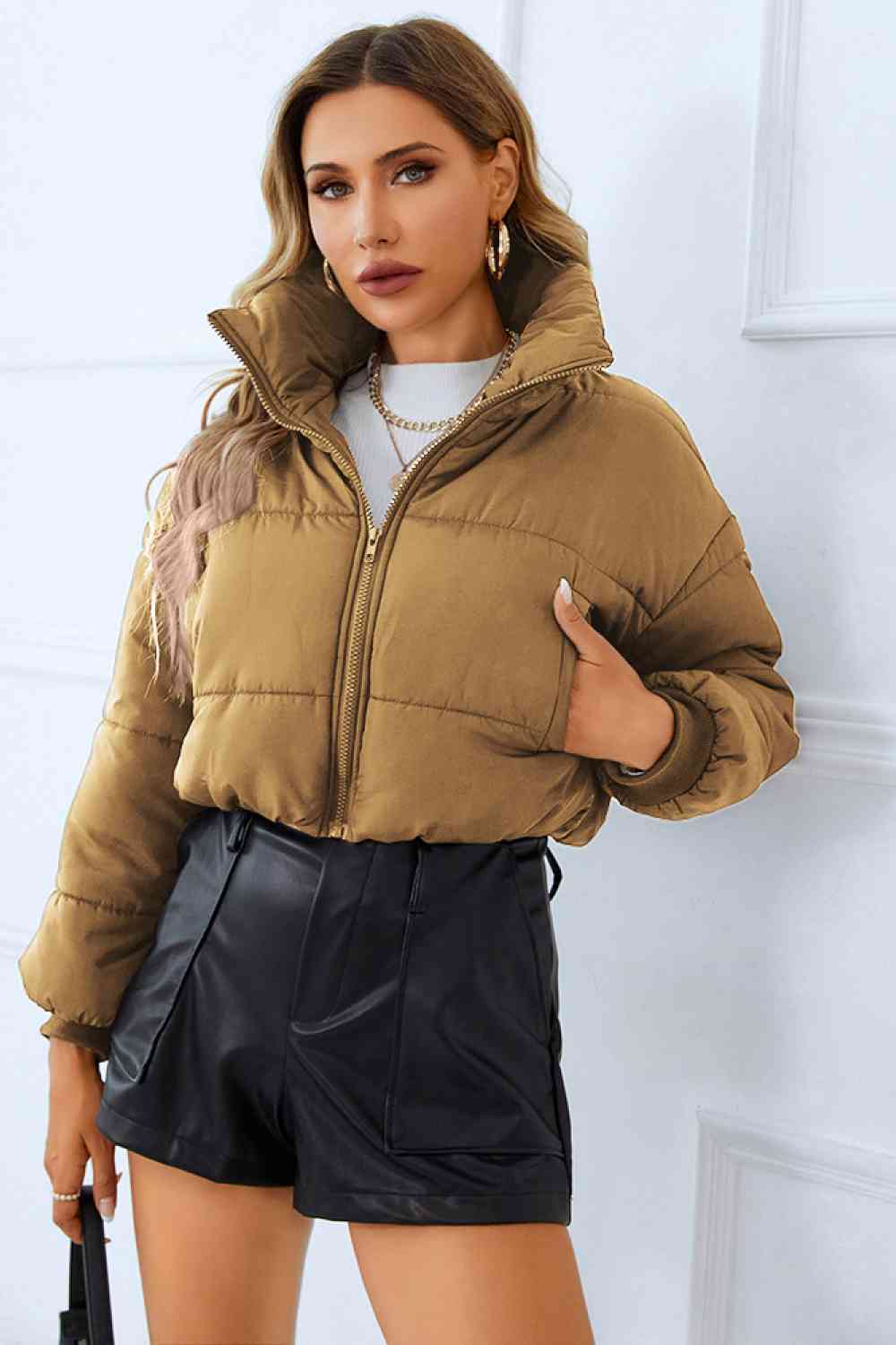 ZIP-UP CROPPED PUFFER COAT with POCKETS in Multiple Colors