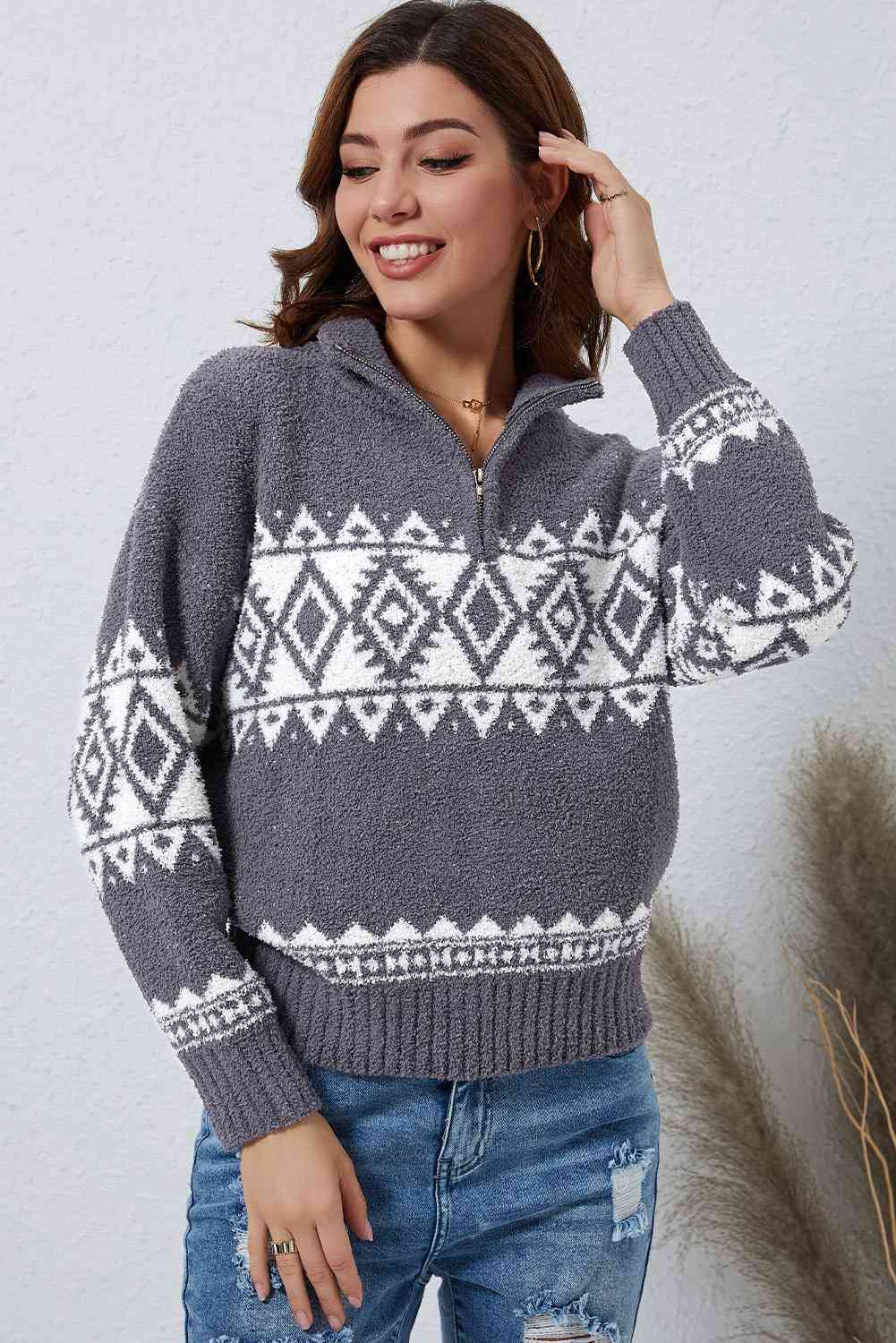 1/2 ZIP GEOMETRICAL PATTERN PULLOVER SWEATER in Charcoal