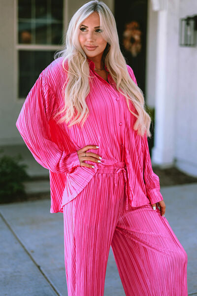 PLEATED BUTTON UP SHIRT AND MATCHING WIDE LEG PANTS in Hot Pink